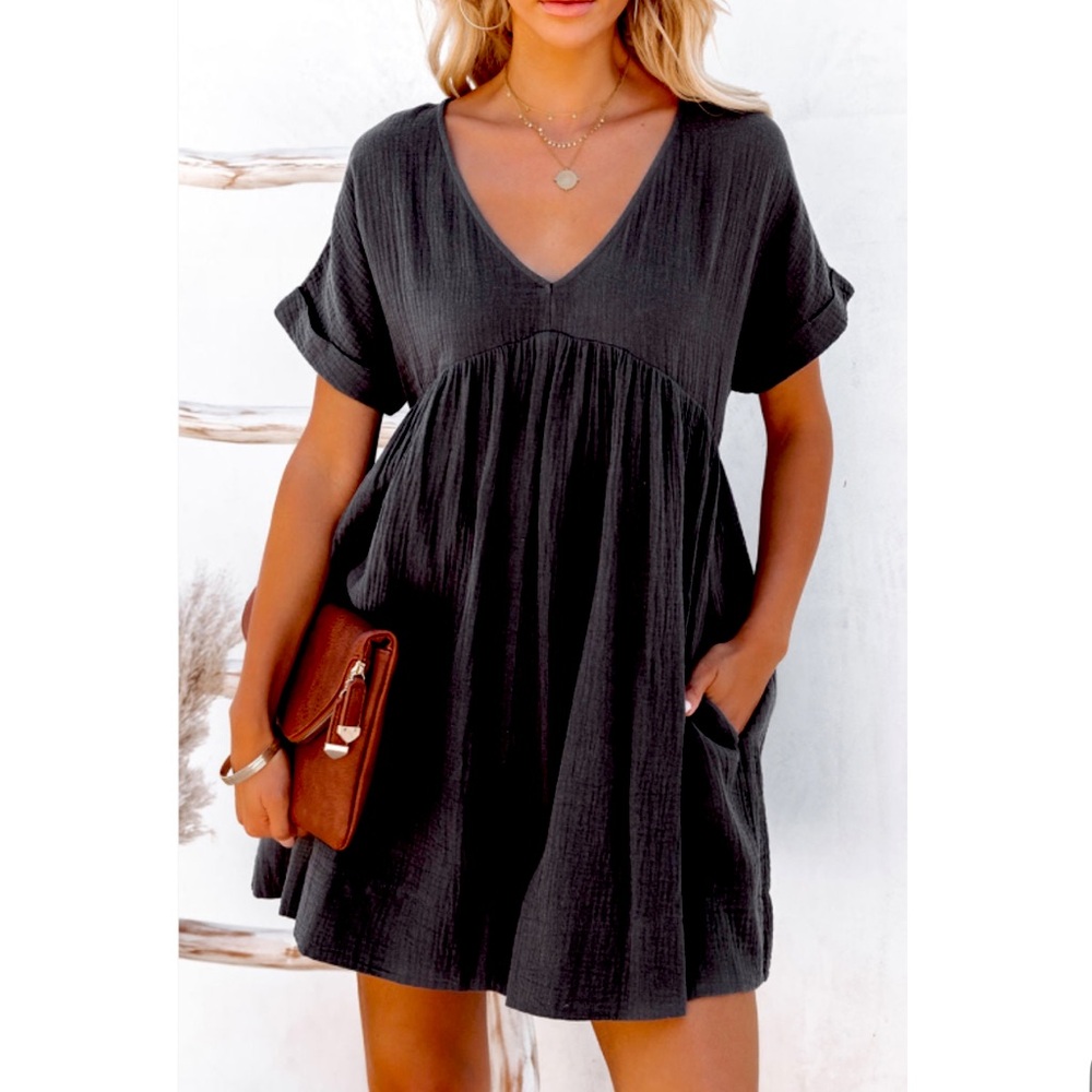Listicle black babydoll v neck lined dress L